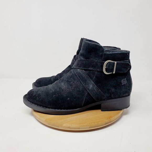 Born Ankle Boots Womens 9 Trinculo Black Suede Comfort Buckle Strap Moto Bootie - Picture 1 of 12